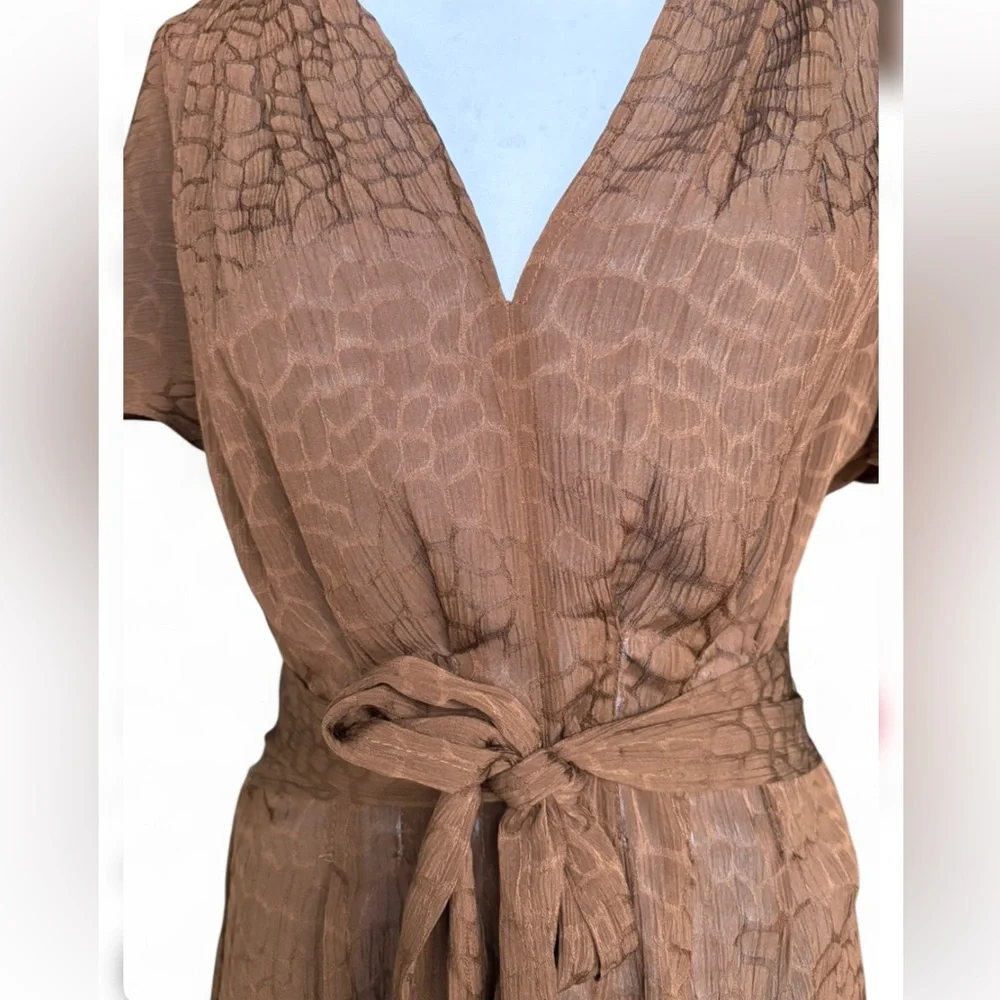 Brown Textured Wrap Blouse Tie Waist Flutter Sleeve Boho Top